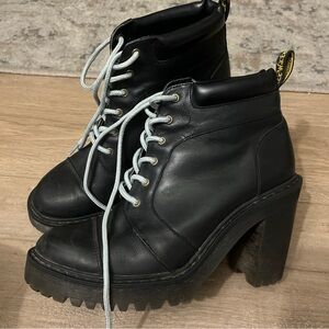 Dr. Martens Black Leather Platform Lace-Up Ankle Boots with Light Gray Laces